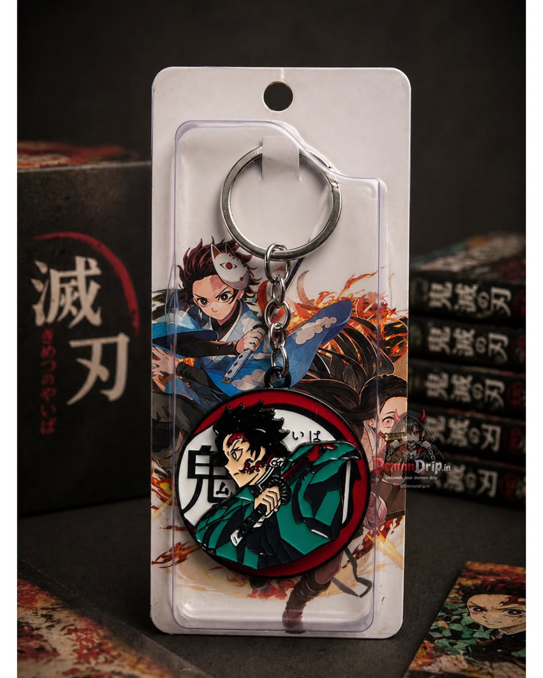 Demon Slayer Tanjiro Kamado Enamel Keychain β Premium 3D Circular Hinokami Kagura Metal Keyring with Water Breathing Figure & Collector's Display Packaging