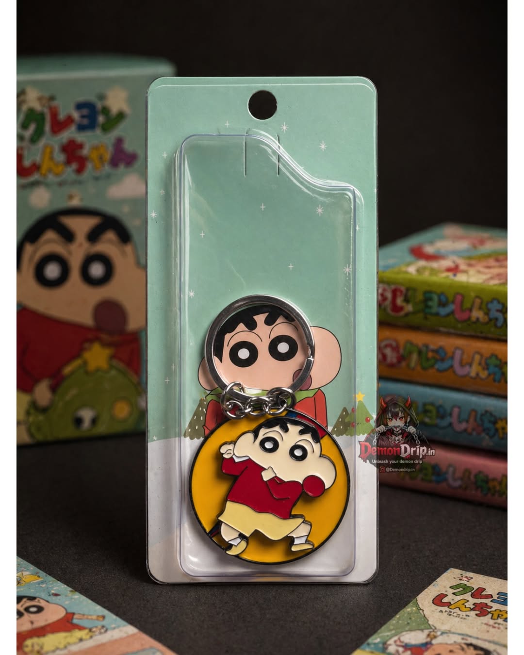 Crayon Shin-chan Buri Buri Enamel Keychain β Premium 3D Circular Metal Keyring with Dancing Shinnosuke Figure & Collector's Display Packaging