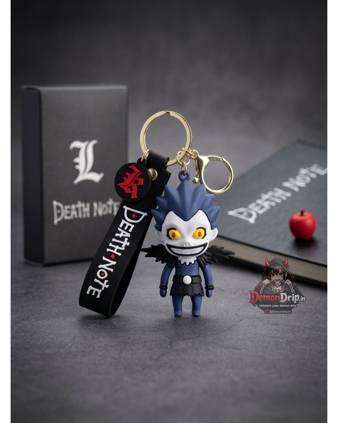 Death Note Ryuk Shinigami Chibi Edition 3D Keychain – Premium Soft Silicone God of Death Figure with Gothic "L" Charm, Matching Wrist Strap & Luxury Gold Hardware