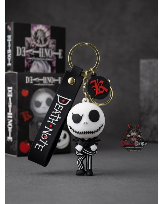 Death Note L / Ryuk Mashup Jack Skellington Edition 3D Keychain – Premium Soft Silicone Pop-Culture Figure with Gothic Letter Charm, Matching Wrist Strap & Luxury Gold Hardware