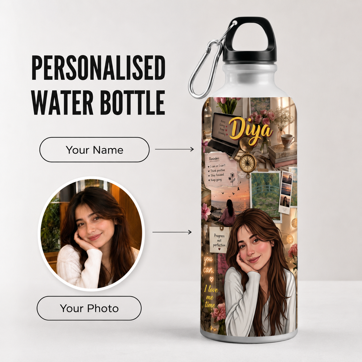 A personalized water bottle with a black carabiner clip and black cap, shown on a light gray background with promotional text and a sample photo inset. The bottle features a collage-style print with the name 'Diya' and a portrait of a woman.