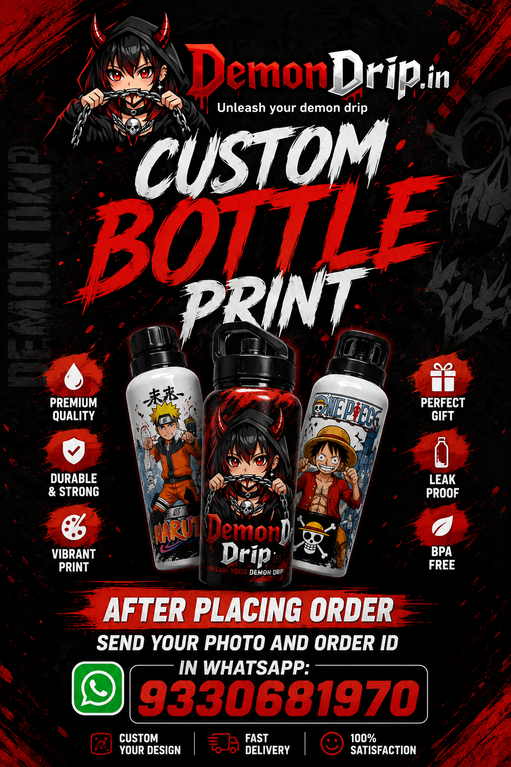 🔥 Custom Anime Photo Bottle Print | Personalized Water Bottle | One Piece, Naruto, Demon Slayer & More