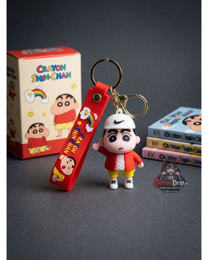 Crayon Shin-chan Hypebeast Red Edition 3D Keychain – Premium Soft Silicone Shinnosuke Figure with Streetwear Bomber Jacket, Matching Wrist Strap & Luxury Gold Hardware