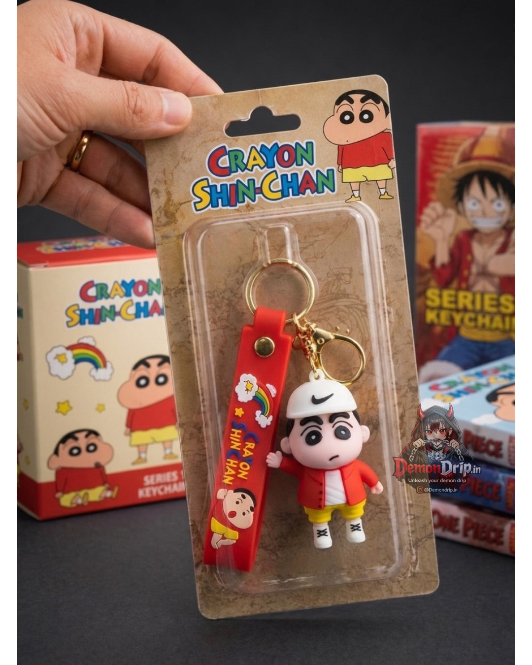 Crayon Shin-chan Hypebeast Red Edition 3D Keychain – Premium Soft Silicone Shinnosuke Figure with Streetwear Bomber Jacket, Matching Wrist Strap & Luxury Gold Hardware