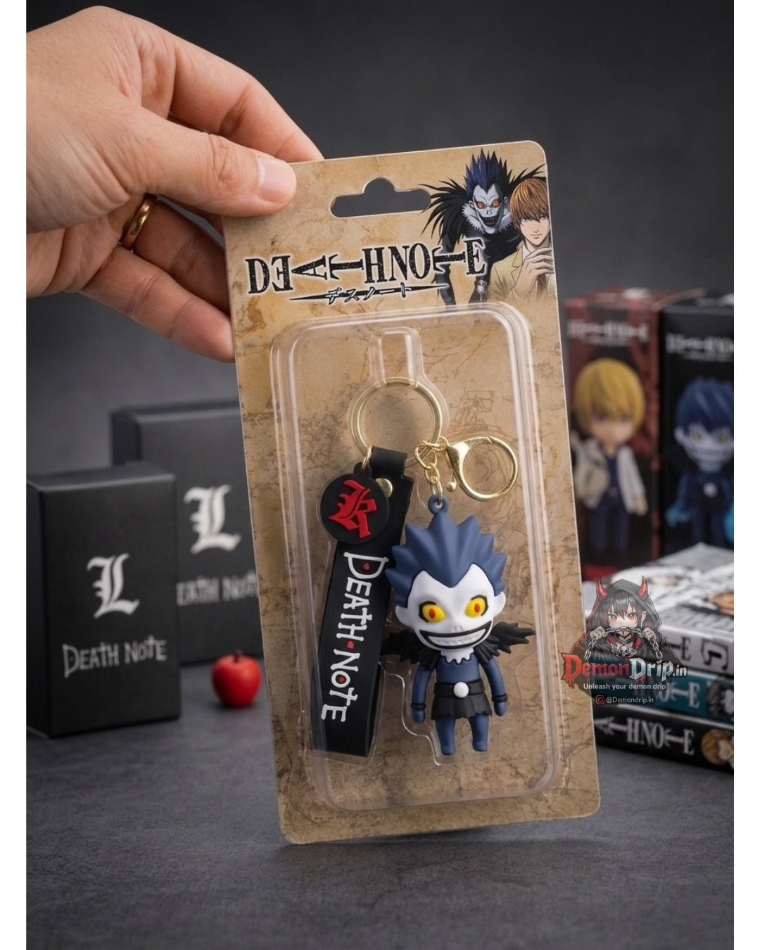 Death Note Ryuk Shinigami Chibi Edition 3D Keychain – Premium Soft Silicone God of Death Figure with Gothic "L" Charm, Matching Wrist Strap & Luxury Gold Hardware