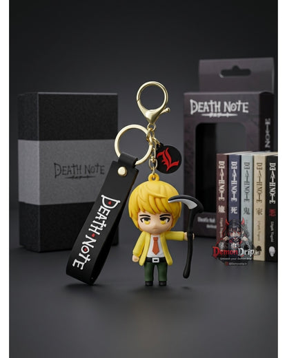 Death Note Light Yagami Kira Edition 3D Keychain – Premium Soft Silicone Figure with Shinigami Scythe, Gothic "L" Charm, Matching Wrist Strap & Luxury Gold Hardware