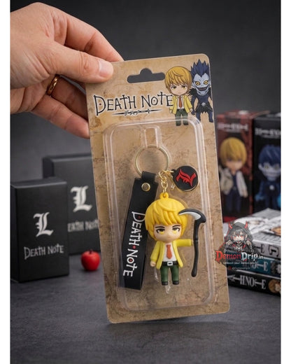 Death Note Light Yagami Kira Edition 3D Keychain – Premium Soft Silicone Figure with Shinigami Scythe, Gothic "L" Charm, Matching Wrist Strap & Luxury Gold Hardware