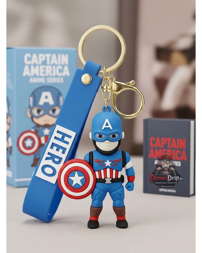 Captain America 3D Chibi Hero Keychain – Premium Anime Heroes' Series Keyring with Silicone Strap