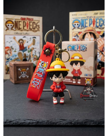 One Piece Monkey D. Luffy Hypebeast Edition 3D Keychain – Premium Soft Silicone Straw Hat Captain Figure with Red Hoodie, Matching Wrist Strap & Luxury Gold Hardware