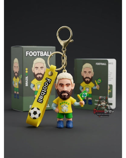Brazil Football Series Neymar Jr. 3D Keychain – Premium Soft Silicone Football Legend Figure with Brazil Flag, Matching Wrist Strap & Luxury Gold Hardware