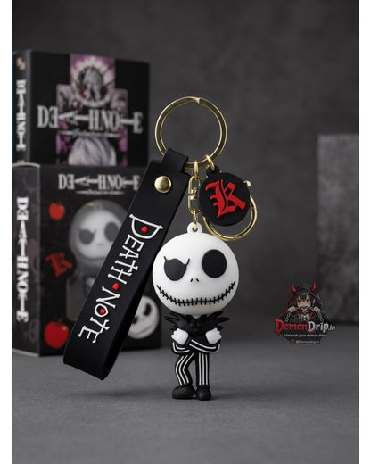Death Note L / Ryuk Mashup Jack Skellington Edition 3D Keychain – Premium Soft Silicone Pop-Culture Figure with Gothic Letter Charm, Matching Wrist Strap & Luxury Gold Hardware