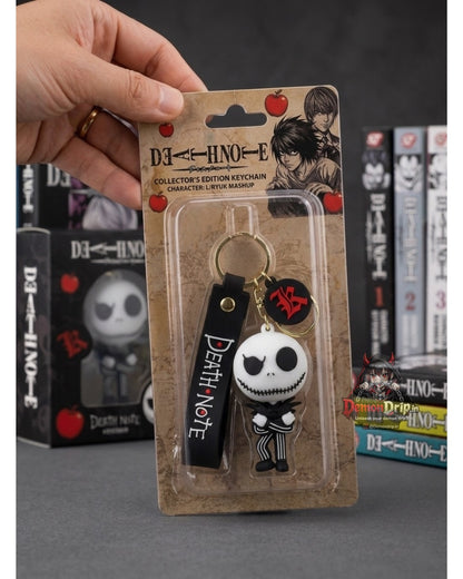 Death Note L / Ryuk Mashup Jack Skellington Edition 3D Keychain – Premium Soft Silicone Pop-Culture Figure with Gothic Letter Charm, Matching Wrist Strap & Luxury Gold Hardware