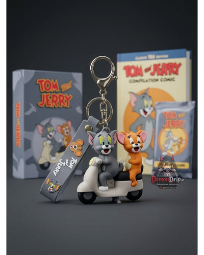Tom and Jerry Scooter Edition 3D Keychain – Premium Soft Silicone Cat & Mouse Retro Figure with Vintage Ride, Matching Wrist Strap & Luxury Gold Hardware