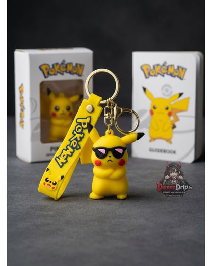 Pokémon Bad Boy Pikachu 3D Keychain – Premium Soft Silicone Angry Pikachu Figure with Sunglasses, Matching Wrist Strap & Luxury Gold Hardware