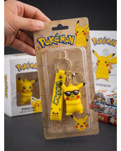 Pokémon Bad Boy Pikachu 3D Keychain – Premium Soft Silicone Angry Pikachu Figure with Sunglasses, Matching Wrist Strap & Luxury Gold Hardware