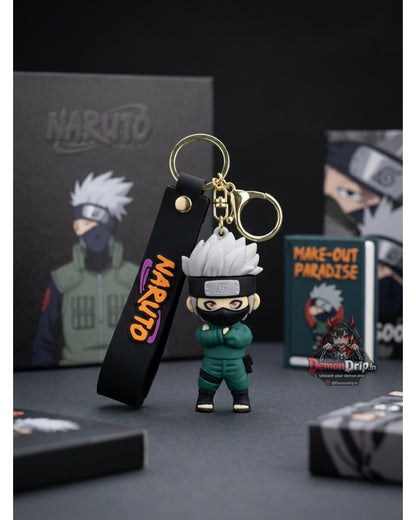 Naruto Shippuden Kakashi Hatake Classic Jonin Edition 3D Keychain – Premium Soft Silicone Copy Ninja Figure with Tactical Vest, Matching Wrist Strap & Luxury Gold Hardware