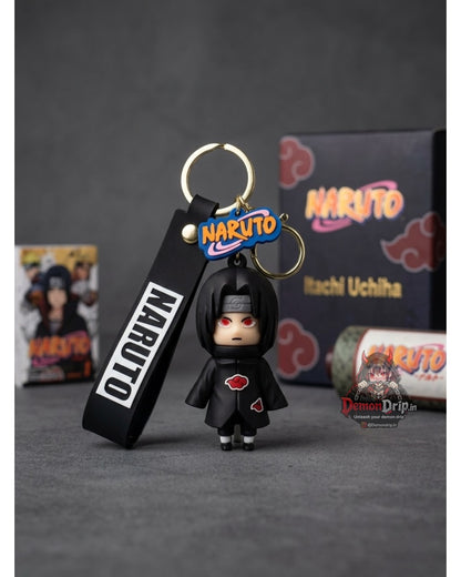 Naruto Shippuden Itachi Uchiha Akatsuki Edition 3D Keychain – Premium Soft Silicone Sharingan Prodigy Figure with Rogue Cloak, Matching Wrist Strap & Luxury Gold Hardware