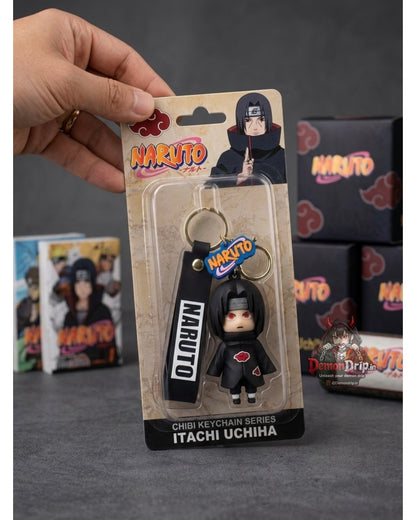 Naruto Shippuden Itachi Uchiha Akatsuki Edition 3D Keychain – Premium Soft Silicone Sharingan Prodigy Figure with Rogue Cloak, Matching Wrist Strap & Luxury Gold Hardware