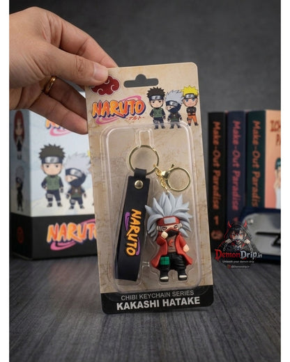 Naruto Shippuden Kakashi Hatake Akatsuki/Chibi Edition 3D Keychain – Premium Soft Silicone Copy Ninja Figure with Red Cloak, Matching Wrist Strap & Luxury Gold Hardware